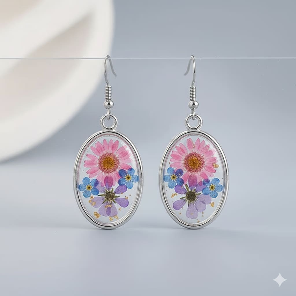 Handmade Resin Drop Earrings | Sterling Silver Oval Dried Floral Pendant Jewelry | Botanical Gift