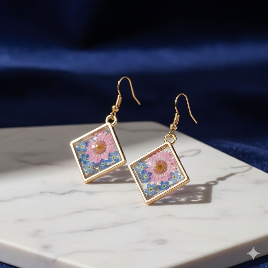 Square Resin Drop Earrings | Gold Tone Botanical Floral Jewelry | Unique Daisy Forget-Me-Not Gift