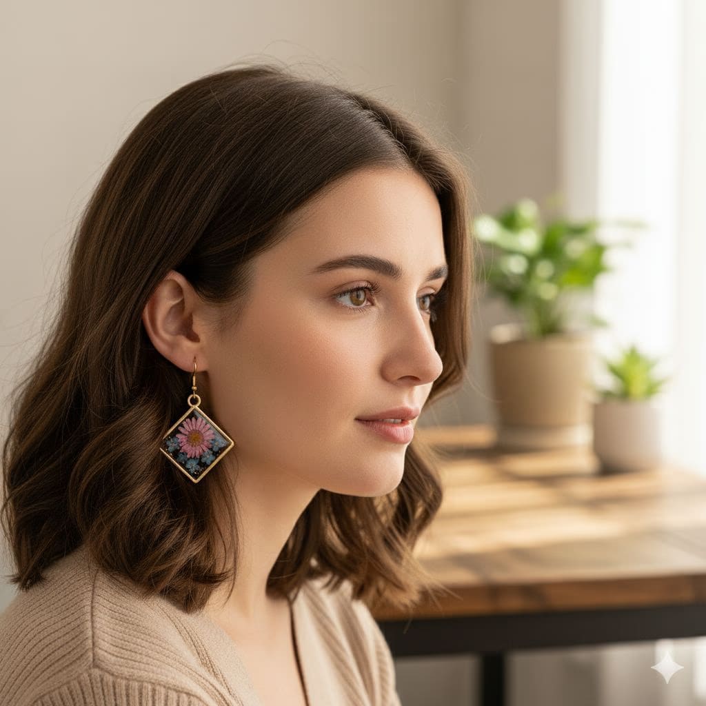 Square Resin Drop Earrings | Gold Tone Botanical Floral Jewelry | Unique Daisy Forget-Me-Not Gift