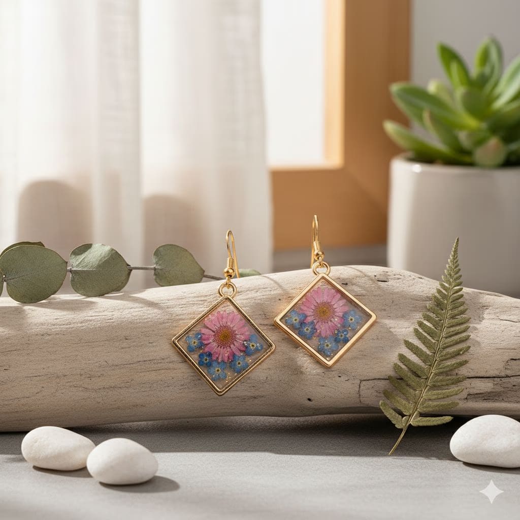 Square Resin Drop Earrings | Gold Tone Botanical Floral Jewelry | Unique Daisy Forget-Me-Not Gift