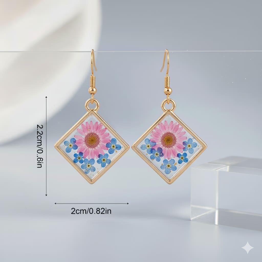 Square Resin Drop Earrings | Gold Tone Botanical Floral Jewelry | Unique Daisy Forget-Me-Not Gift