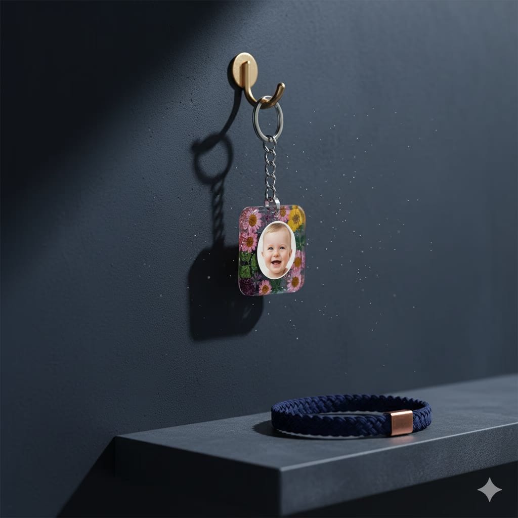 Personalized Photo & Pressed Flower Resin Keychain | Square Custom Picture Keyring with Clasp | New Mom Gift