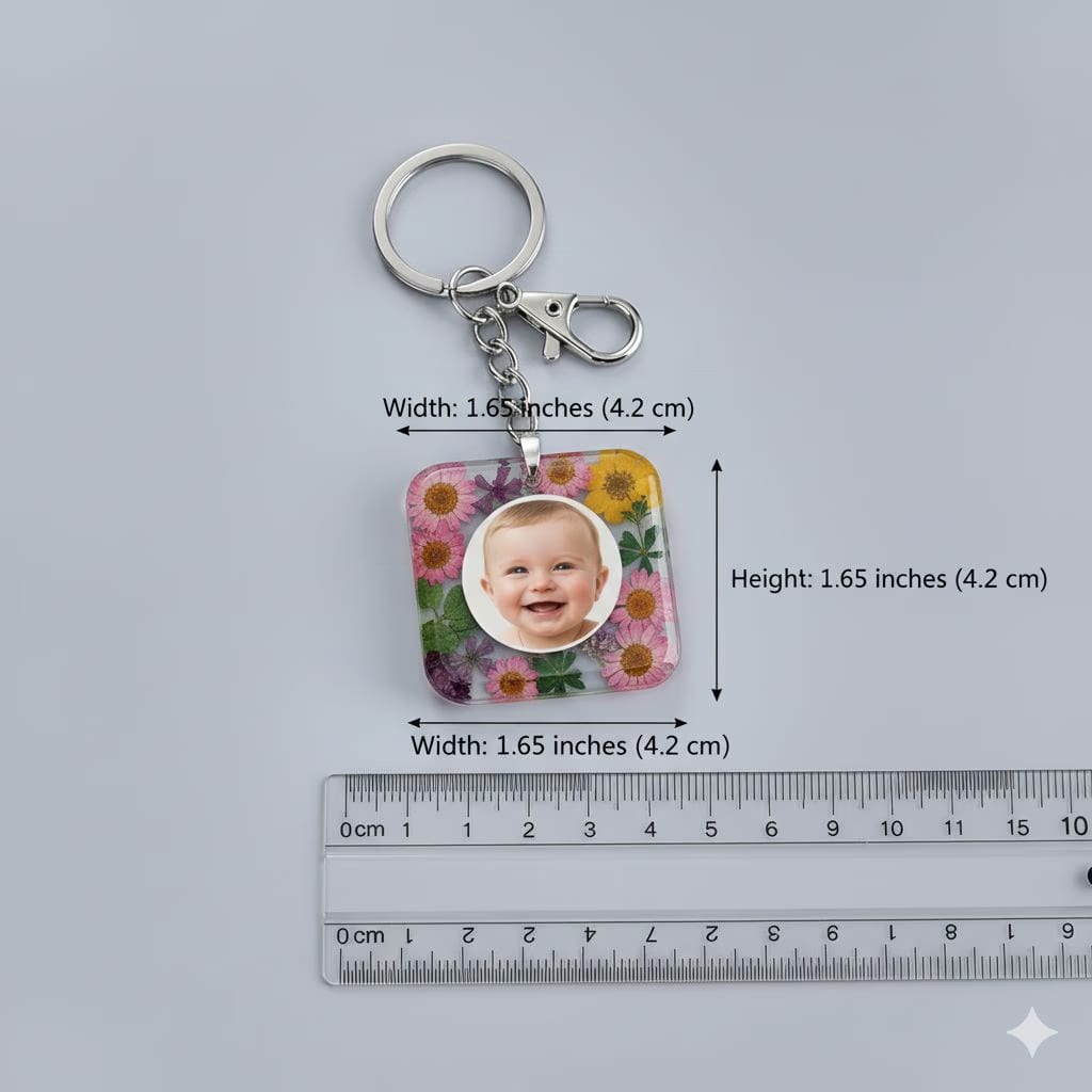 Personalized Photo & Pressed Flower Resin Keychain | Square Custom Picture Keyring with Clasp | New Mom Gift
