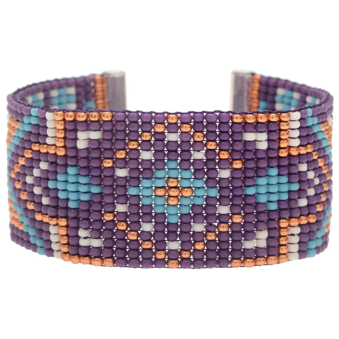 Handmade Beaded Cuff Bracelet – Purple & Teal Geometric Design
