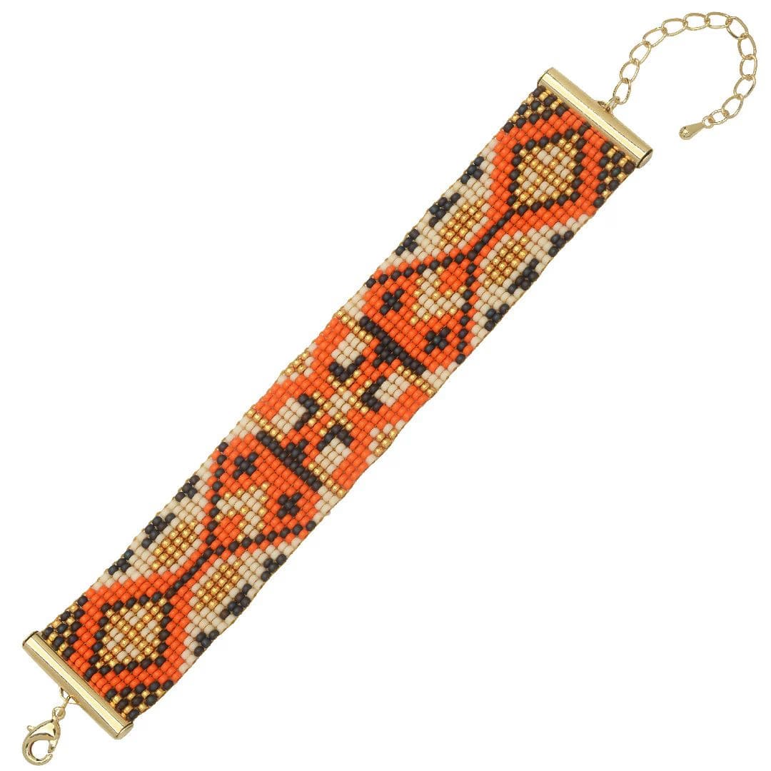 Handmade Seed Bead Bracelet – Orange & Gold Geometric Pattern
