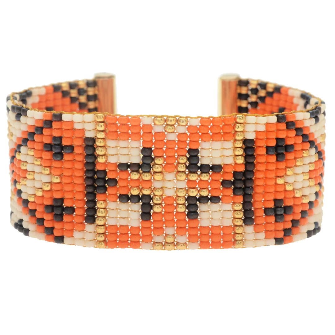 Handmade Seed Bead Bracelet – Orange & Gold Geometric Pattern