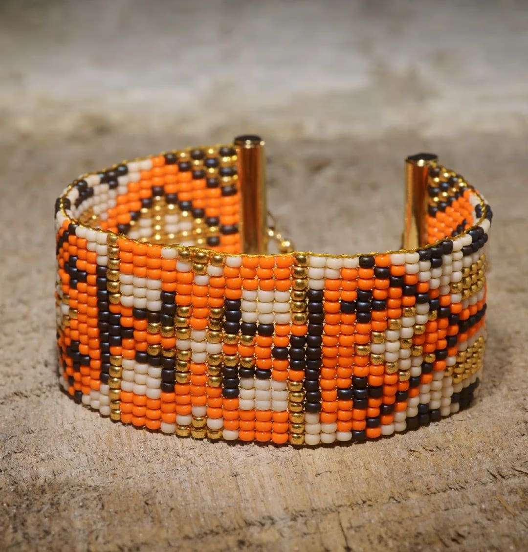 Handmade Seed Bead Bracelet – Orange & Gold Geometric Pattern
