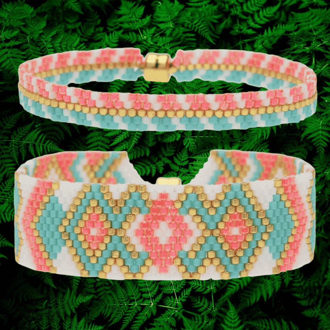 Colorful Boho Seed Bead Bracelet Duo - Pink & Blue