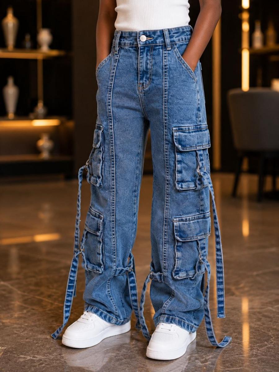 Multi-Pocket Strappy Cargo Jeans
