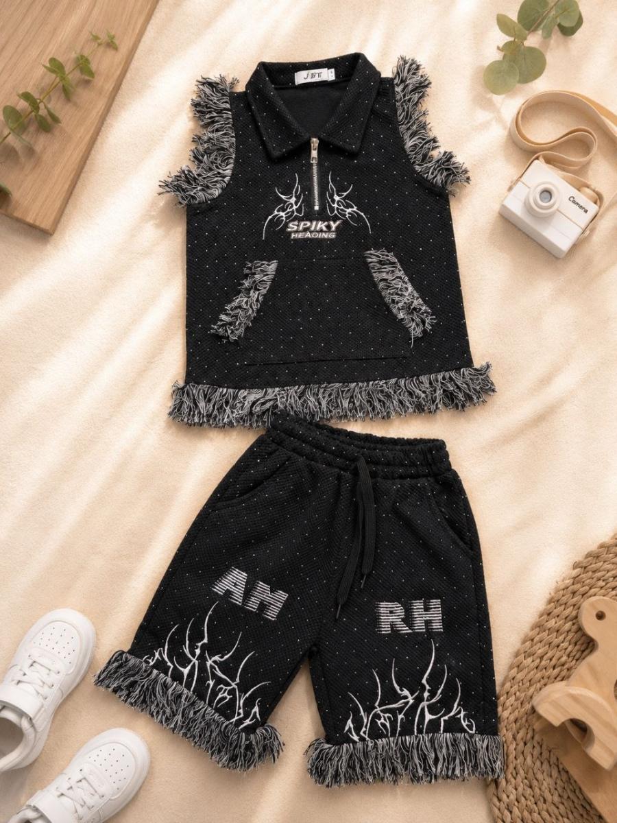 2-Piece Sleeveless Fringed Zip Vest  thumbnail 2