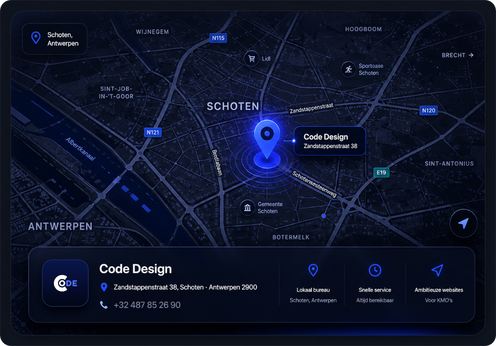 Code Design — Schoten, Antwerpen · contact en locatie