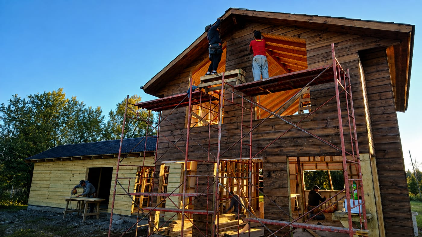 Equipo trabajando durante la construcción de una vivienda