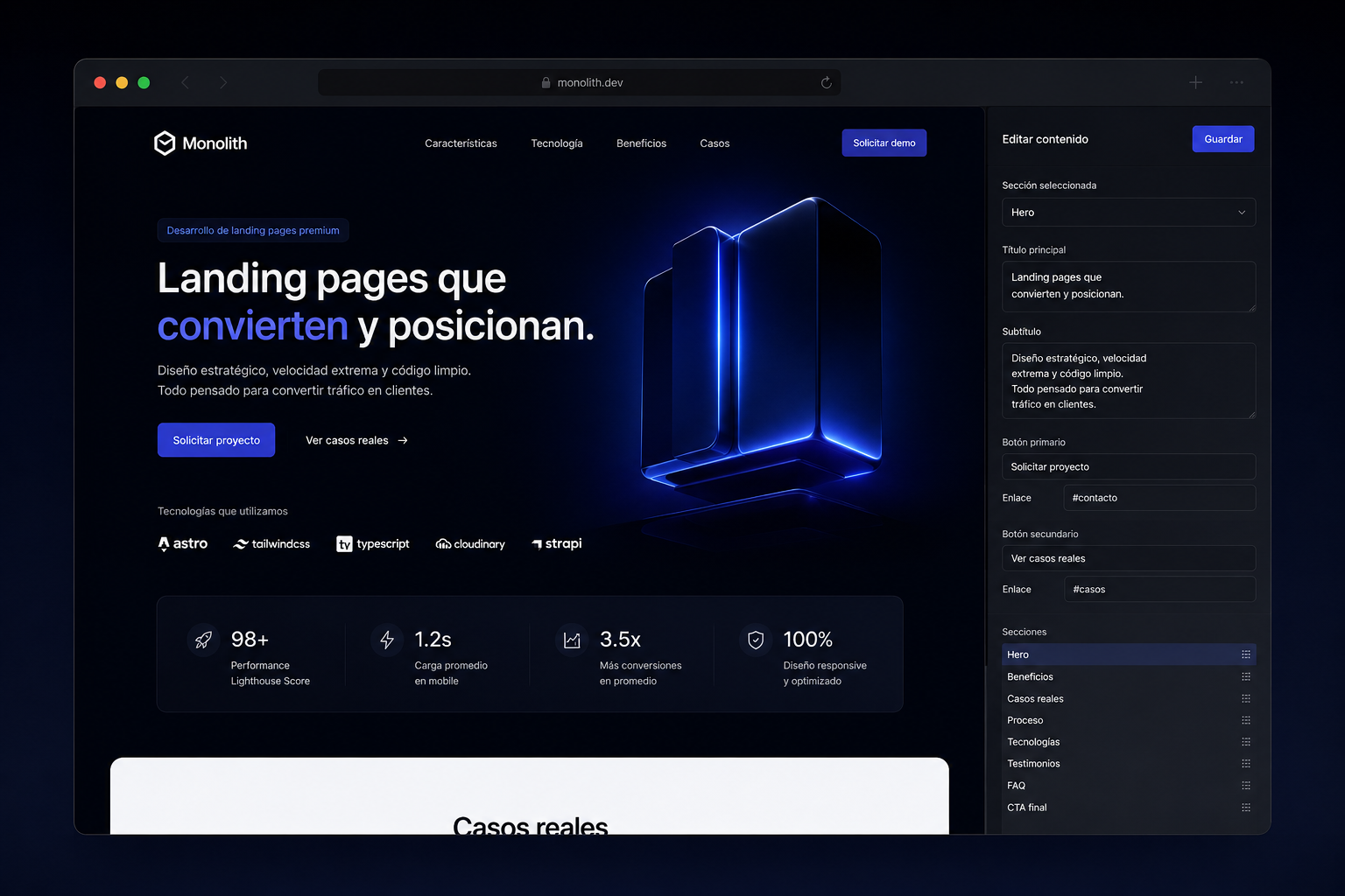 Vista previa de una landing page premium desarrollada por Larframe