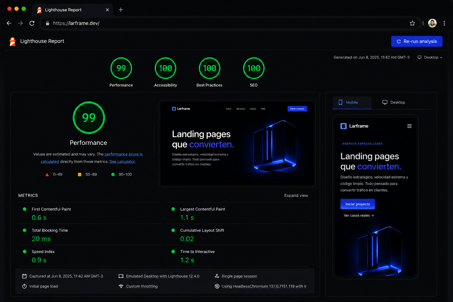 Reporte Lighthouse de performance y SEO de Larframe