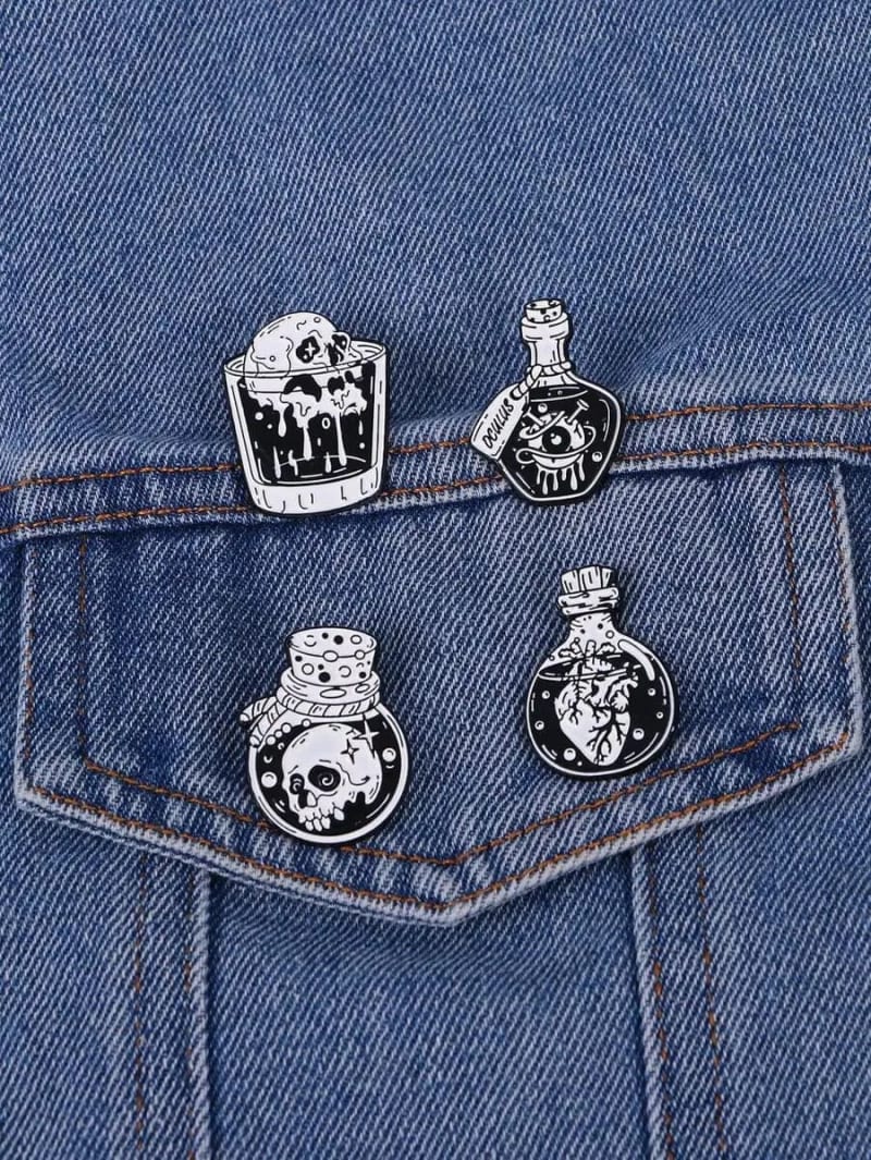 Pin en blanco y negro con diseños variados de vaso y pócima