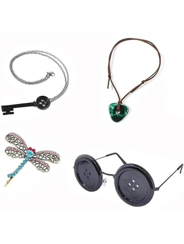Kit para disfraz de Coraline: Ojos de botón, llaves, collares y libélula