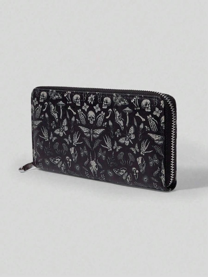 Billetera con diseño gótico en blanco sobre negro: calaveras, flores y misterio