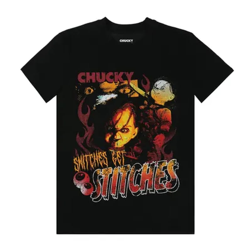 Camisa unisex de Chucky con leyenda Snitches Get Stitches