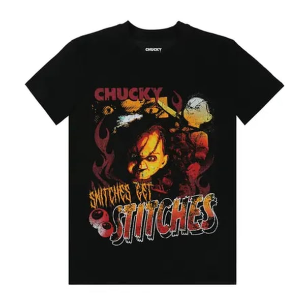 Camisa unisex de Chucky con leyenda Snitches Get Stitches