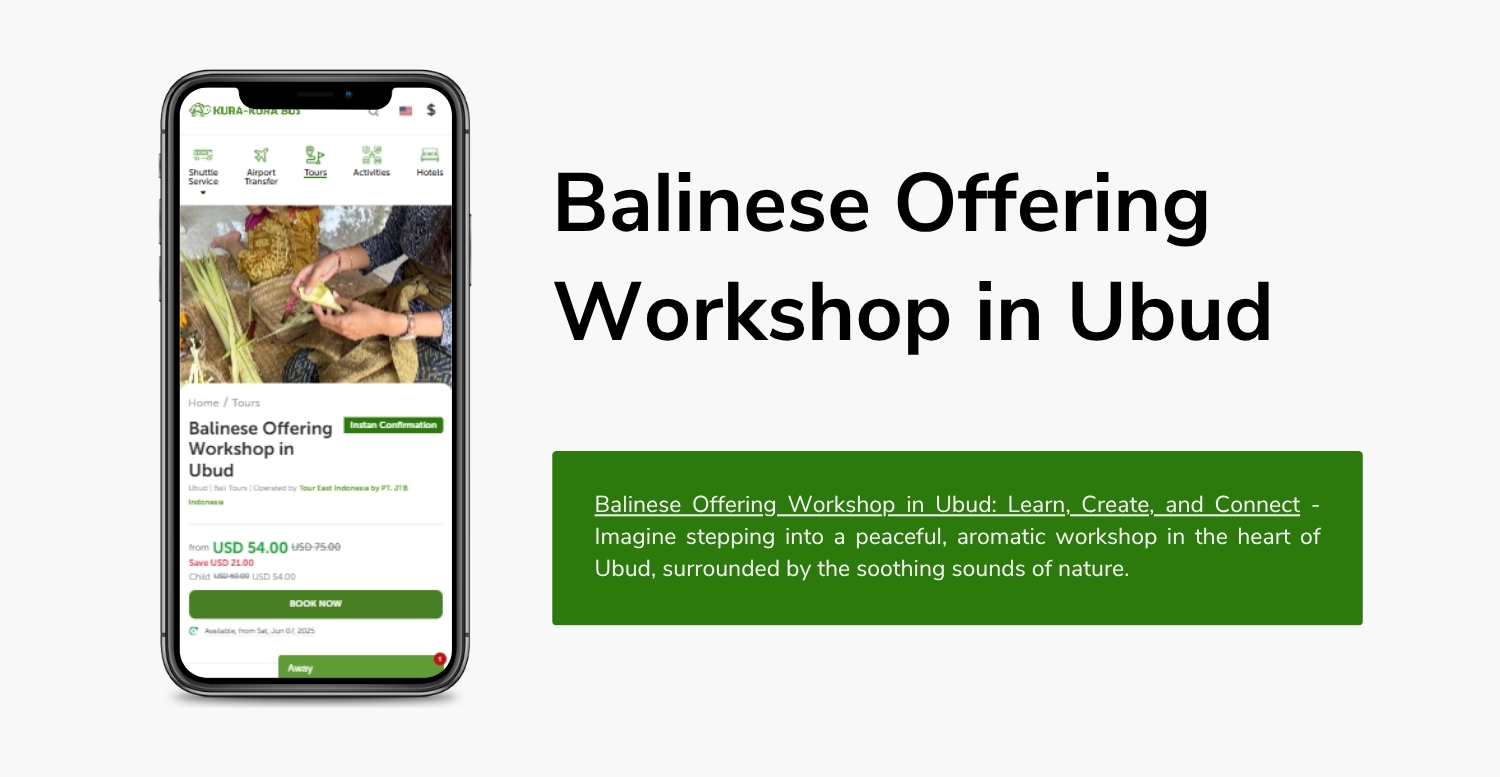 Mobile view of Balinese Offering Workshop in Ubud booking page with price details and cultural experience description
