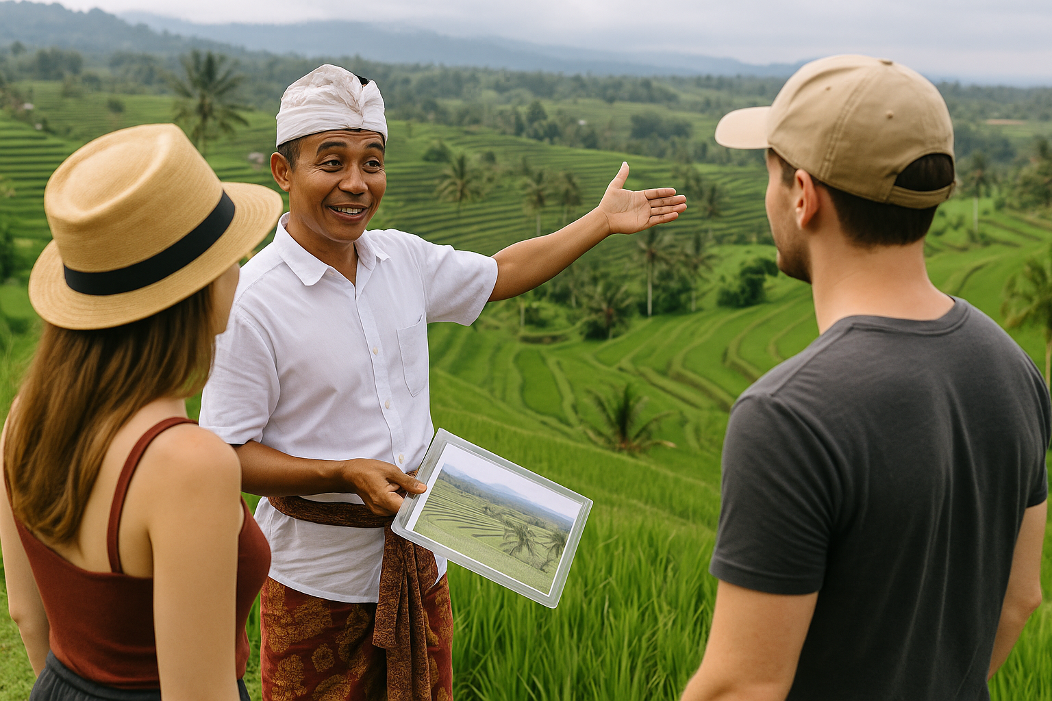 Balinese guide in traditional attire explaining Jatiluwih Rice Terrace to tourists during a rice terrace Bali tour