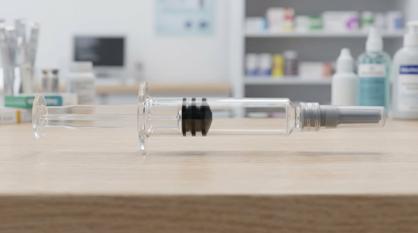 Seringue préremplie dans sa boîte posée sur un comptoir de pharmacie, ambiance sobre