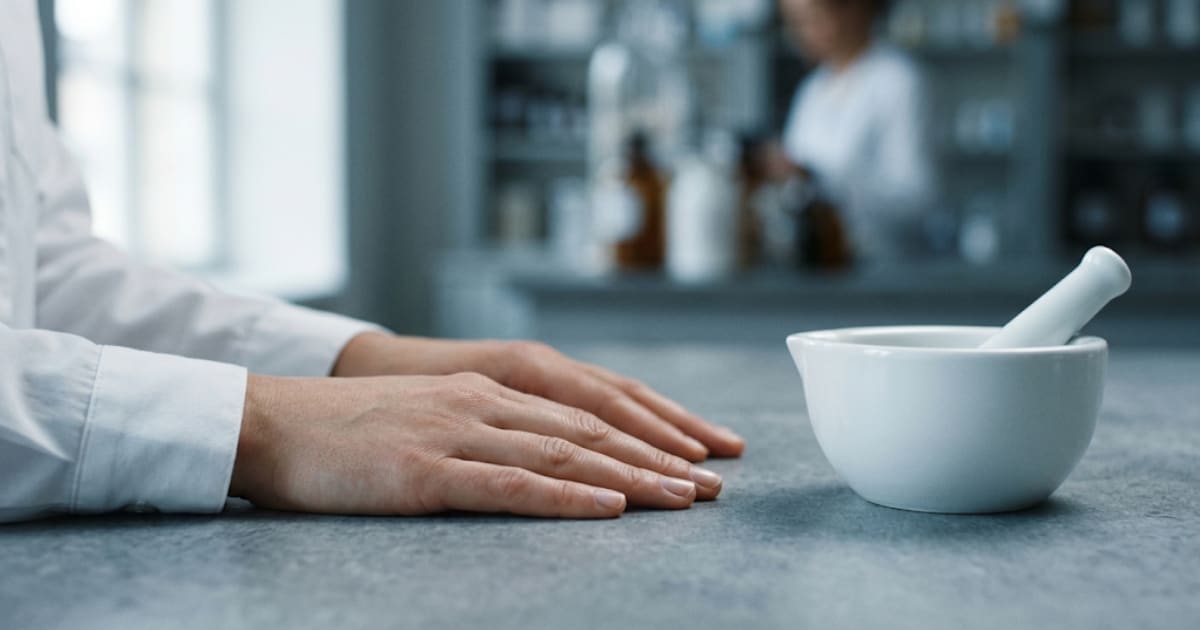 Balance de justice posée sur un comptoir de pharmacie, ambiance sobre et professionnelle