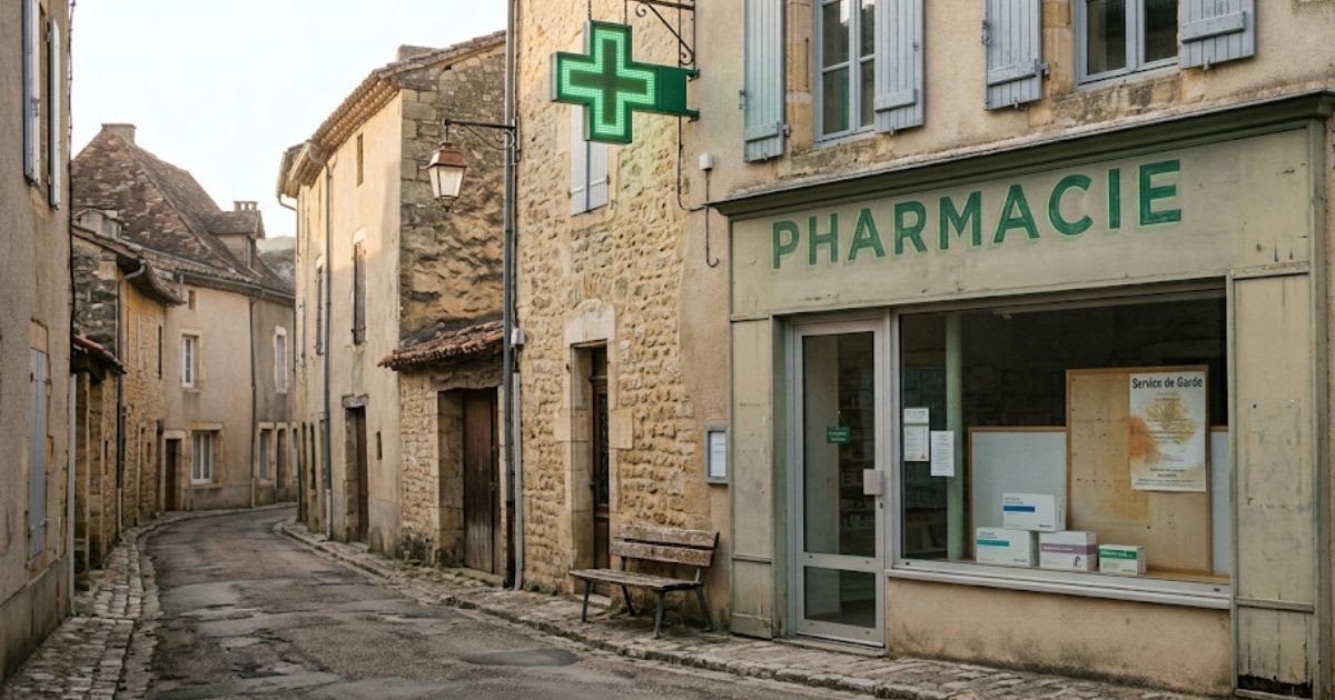 Pharmacie de village en zone rurale, façade sobre, ambiance calme