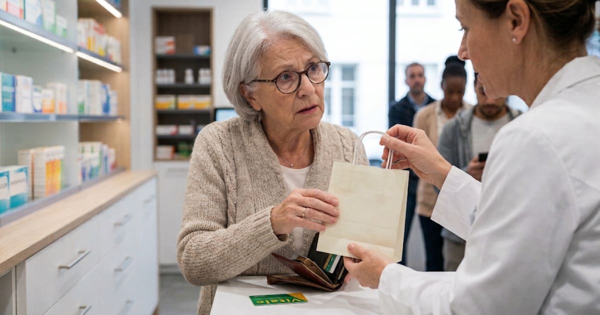 Boîtes de médicaments alignées sur un comptoir de pharmacie avec un ticket de caisse, ambiance sobre