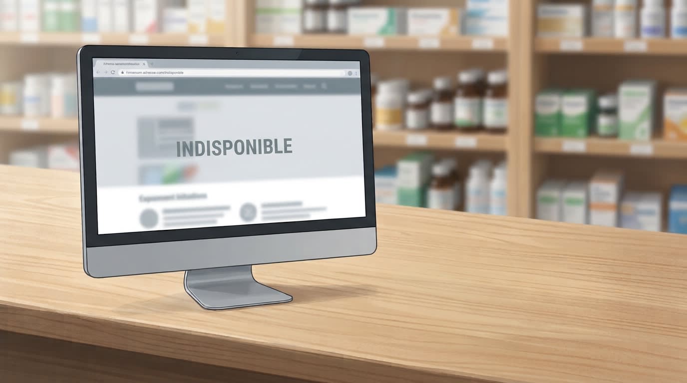 Écran d'ordinateur affichant une page indisponible, posé sur un comptoir de pharmacie, ambiance sobre