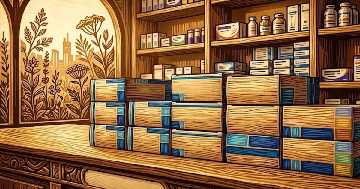 Boîtes de médicaments génériques alignées sur un comptoir de pharmacie, ambiance sobre