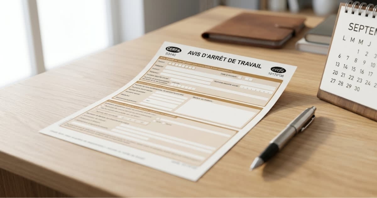 Document administratif et formulaire d'arrêt de travail sur un bureau, ambiance sobre