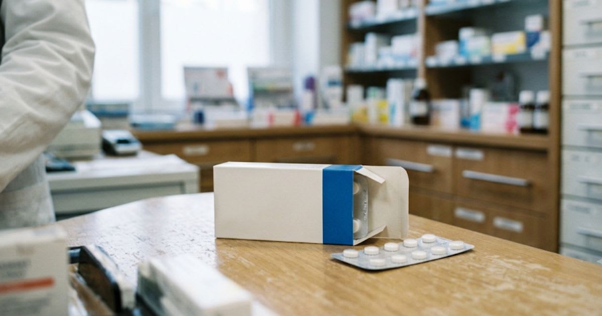 Boîtes de médicaments génériques sur un comptoir de pharmacie, ambiance sobre