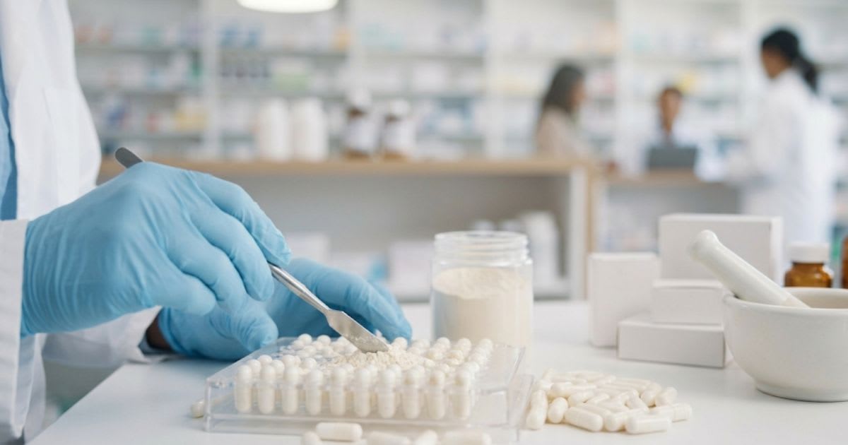 Comptoir de pharmacie avec un mortier et un pilon, ambiance sobre et professionnelle