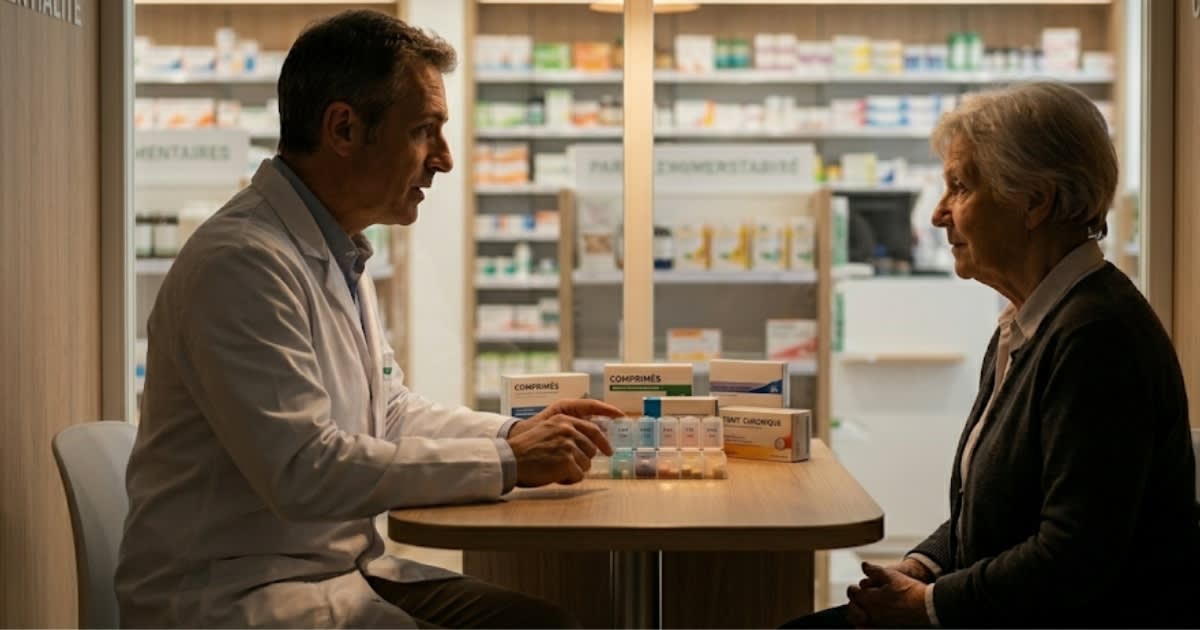 Pharmacien en entretien avec un patient âgé dans un espace de confidentialité, ambiance officine sobre