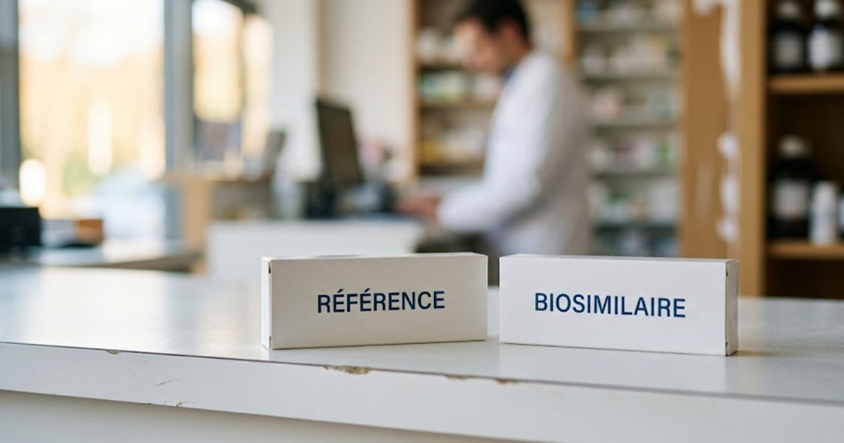 Boîtes de médicaments biosimilaires alignées sur un comptoir de pharmacie, ambiance sobre