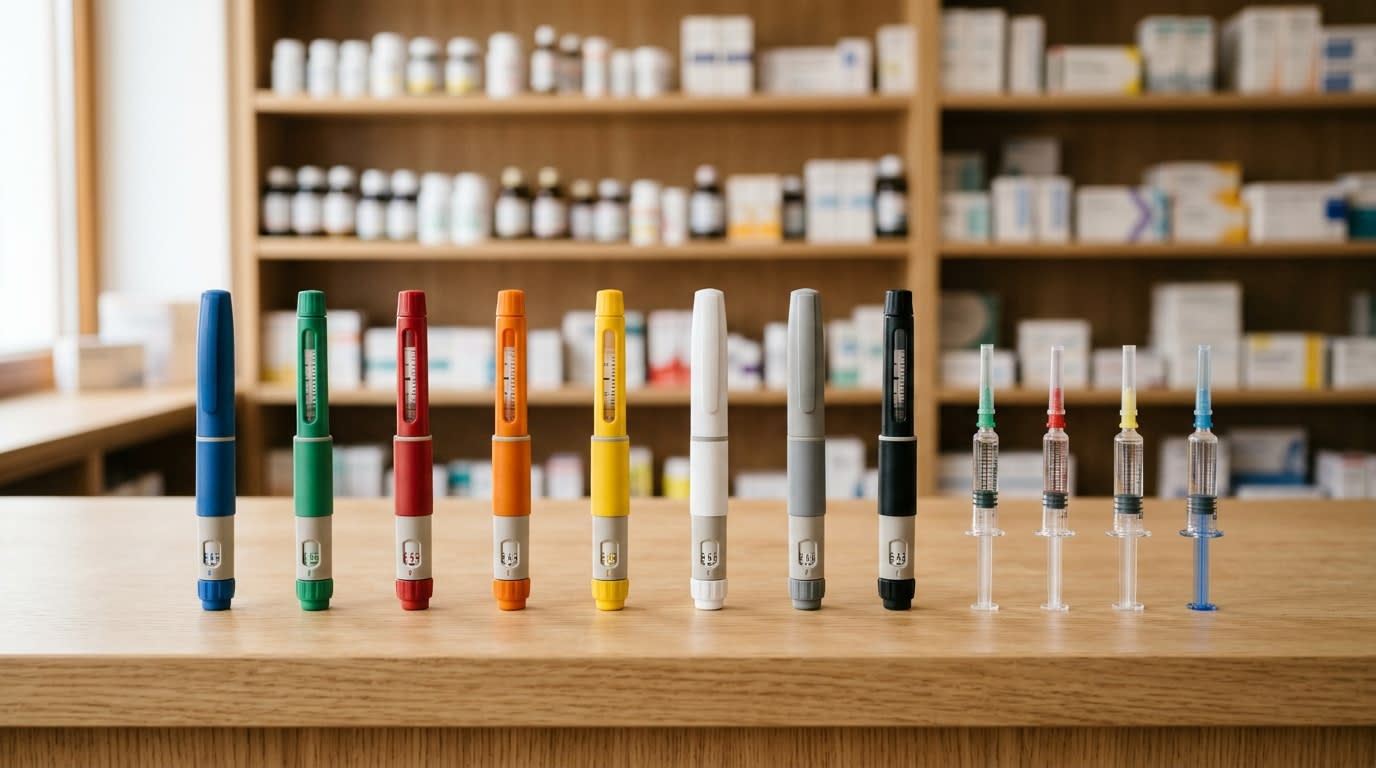 Stylos injecteurs et seringues préremplies alignés sur un comptoir de pharmacie, ambiance sobre