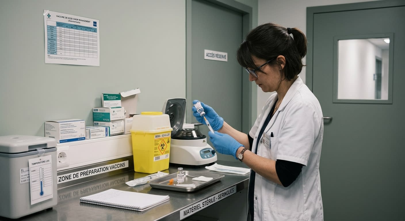 Pharmacien préparant une seringue de vaccin en officine, ambiance sobre
