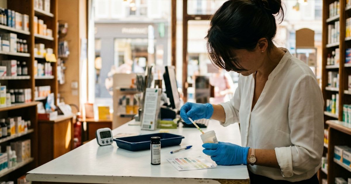Pharmacien réalisant un test rapide au comptoir, ambiance estivale sobre