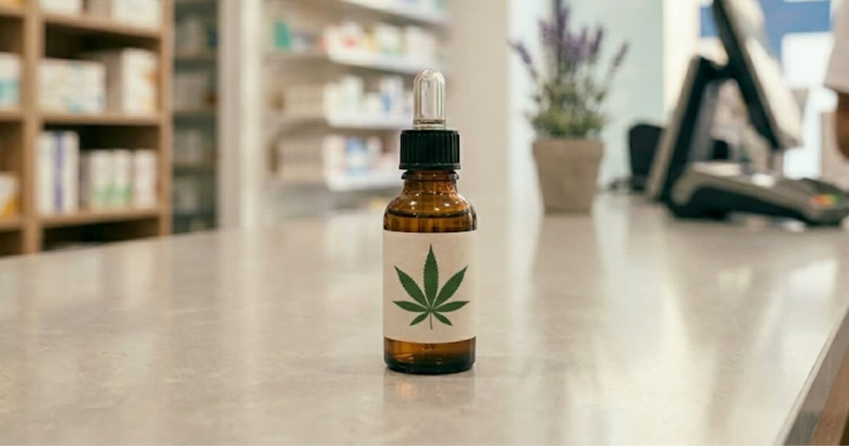 Flacon pharmaceutique étiqueté, ambiance officinale clinique