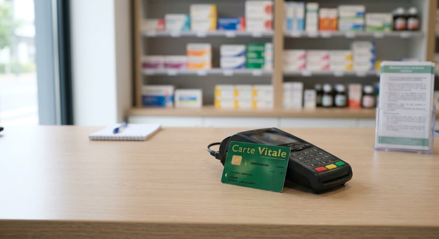Carte Vitale posée sur un comptoir de pharmacie à côté d'un lecteur de carte, ambiance sobre
