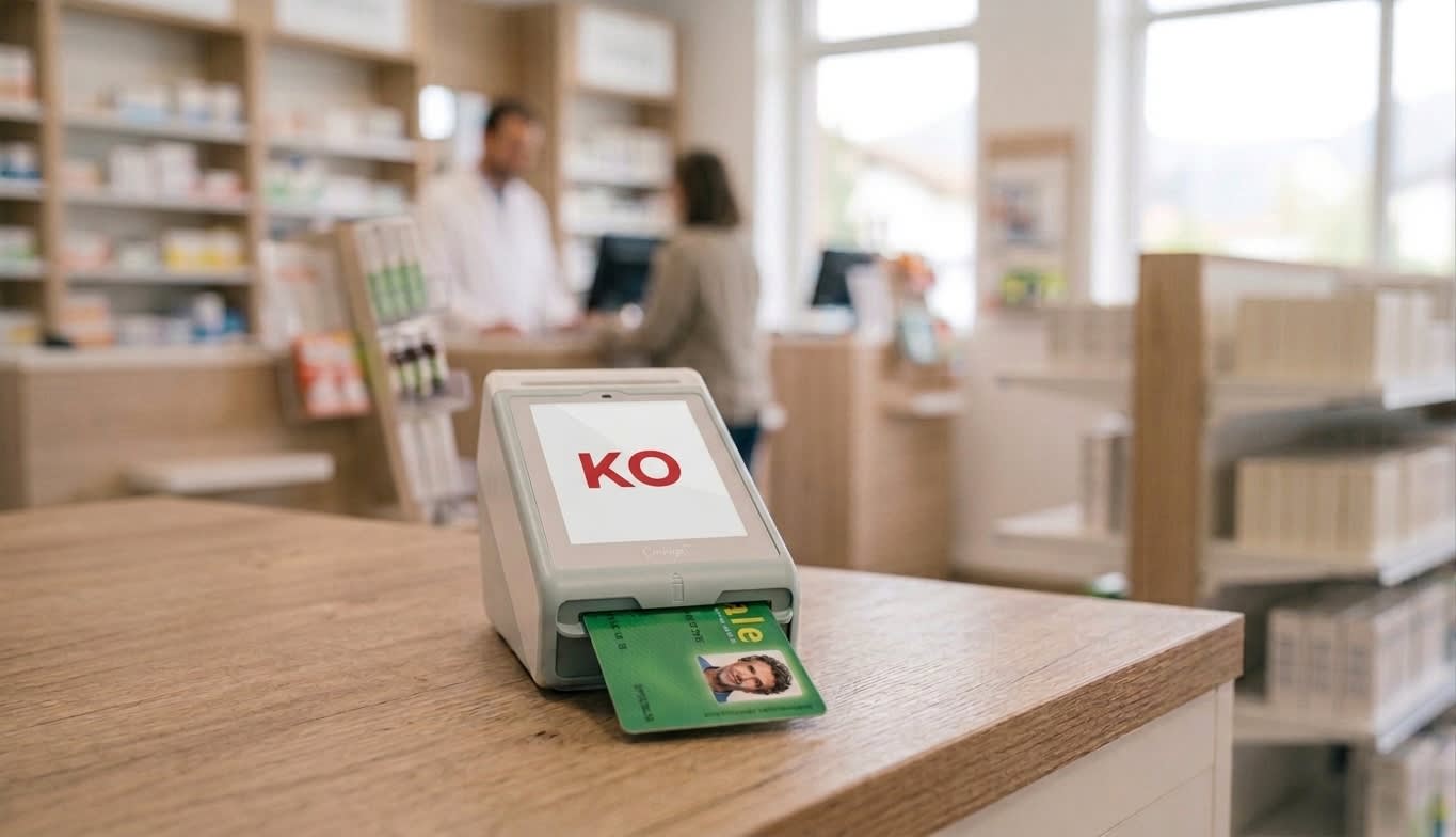 Lecteur de carte posé sur un comptoir de pharmacie avec une carte Vitale, ambiance sobre