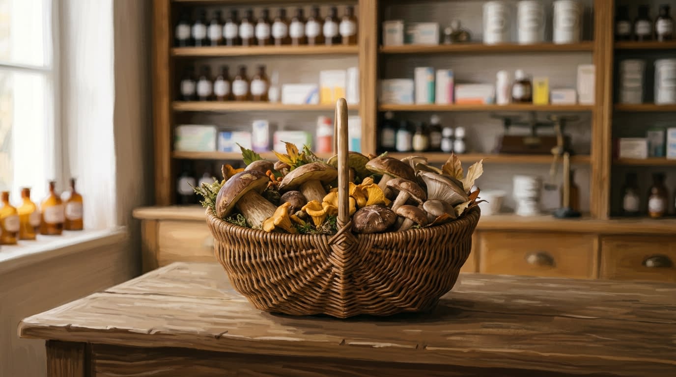 Panier en osier rempli de champignons sauvages posé sur un comptoir de pharmacie, ambiance sobre