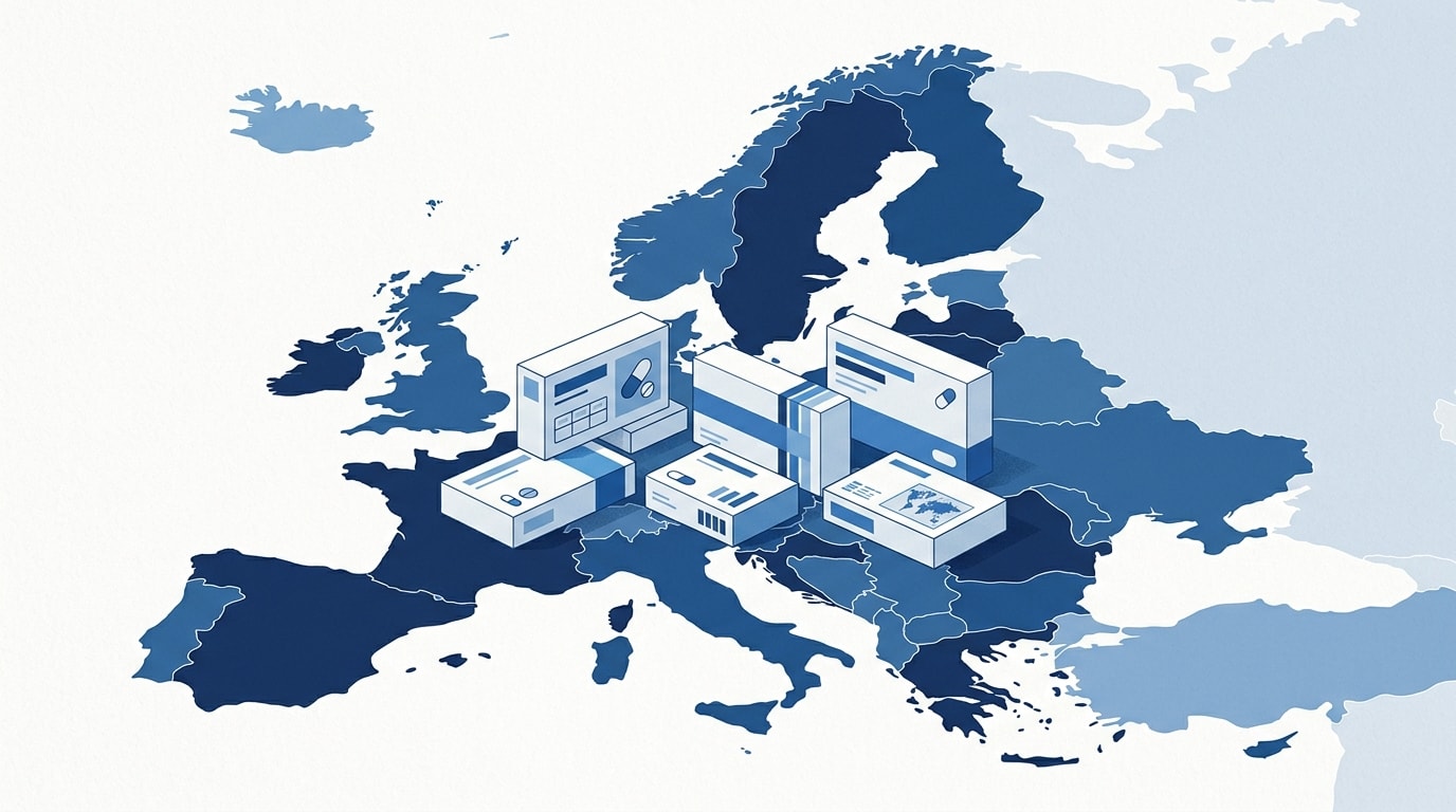 Boîtes de médicaments neutres posées sur une carte de l'Europe stylisée en tons bleus, ambiance sobre