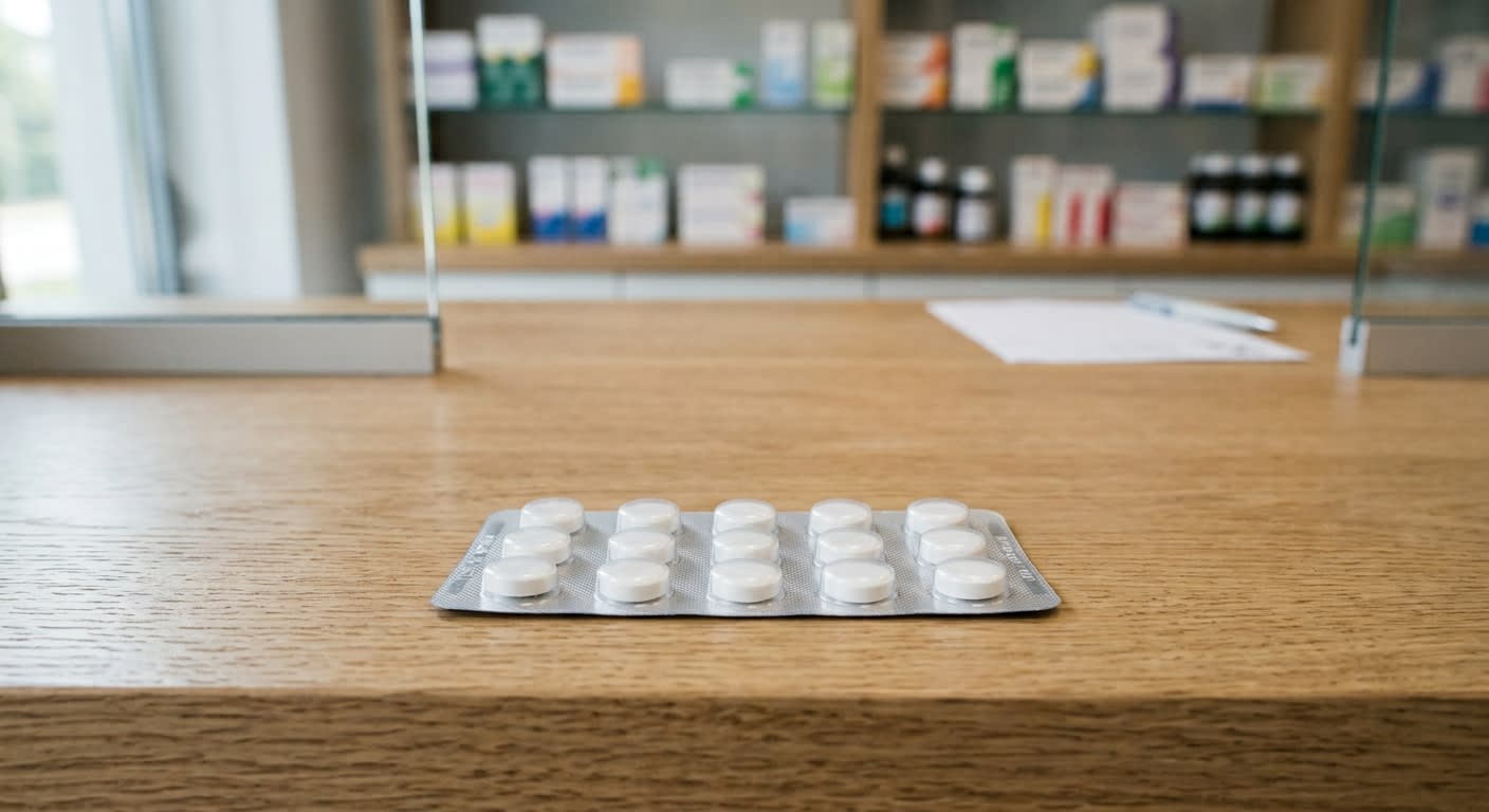 Boîtes de médicaments retirées d'un tiroir de pharmacie, ambiance sobre