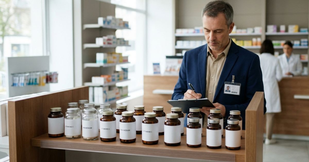 Flacons de compléments alimentaires alignés sur une étagère de pharmacie, ambiance sobre