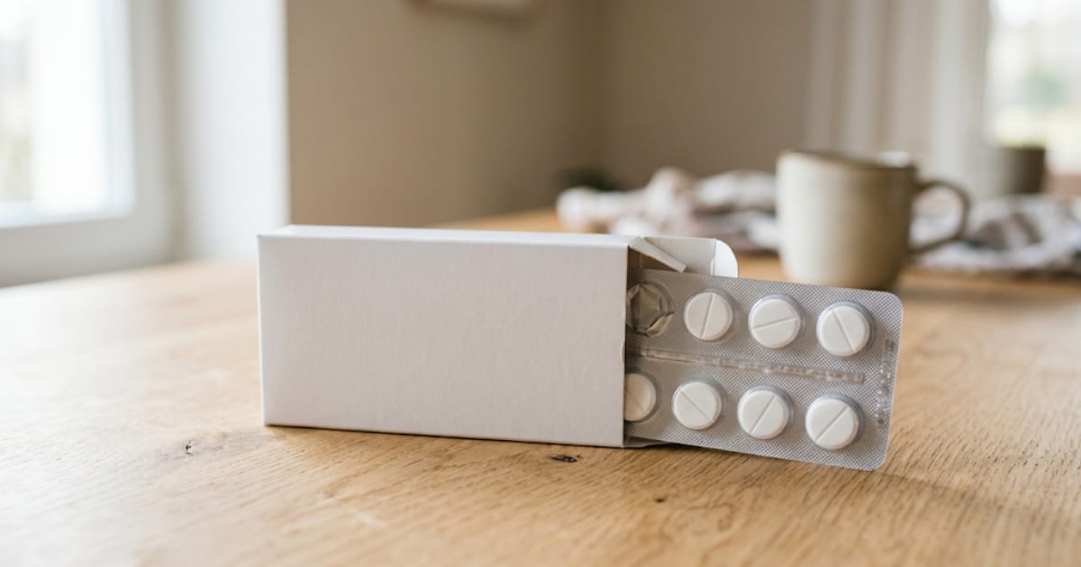 Boîte de médicament générique posée sur un comptoir de pharmacie, ambiance sobre et professionnelle