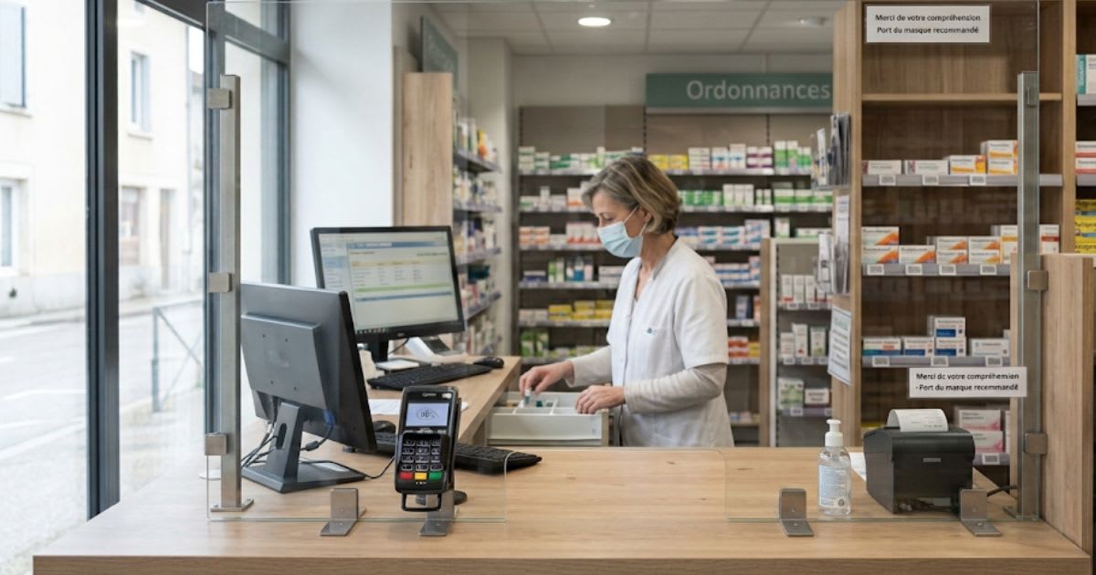 Comptoir de pharmacie avec vitre de protection, ambiance sobre