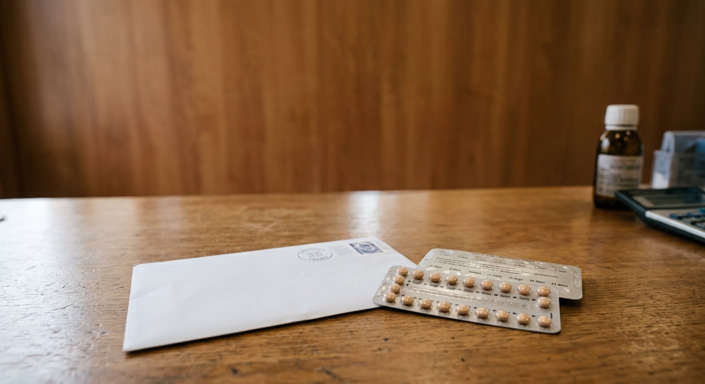 Courrier et plaquette de pilule contraceptive posés sur un comptoir de pharmacie, ambiance sobre