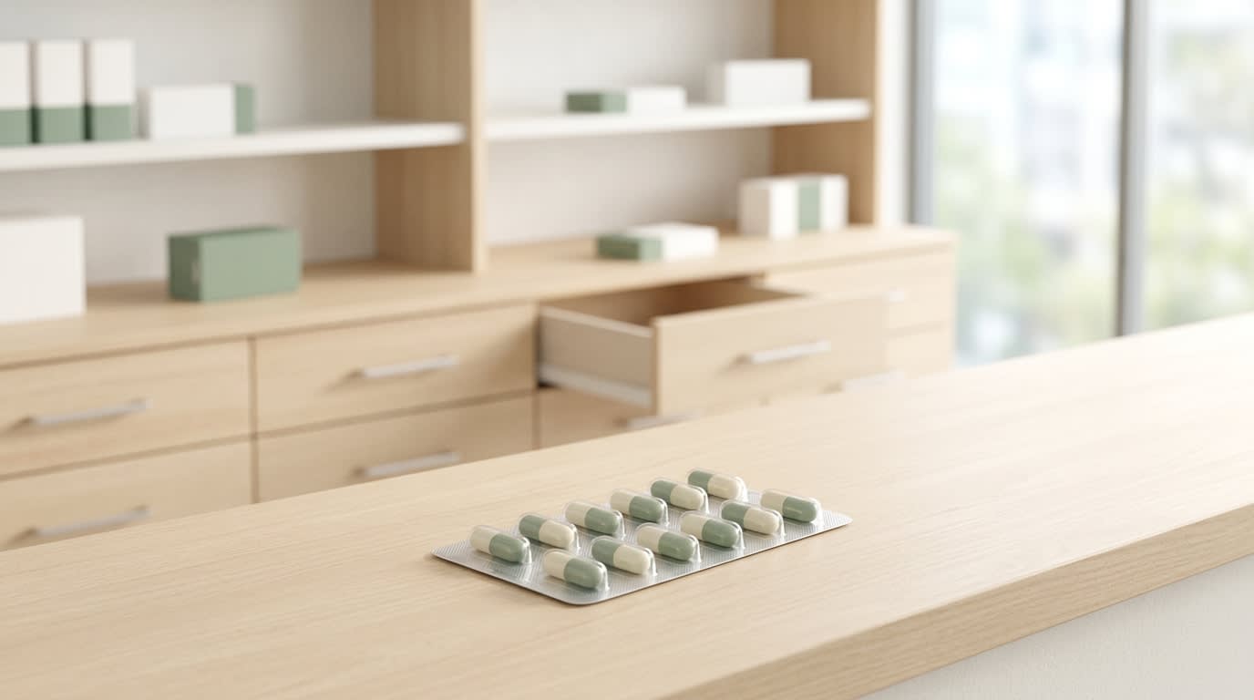 Plaquette de gélules posée sur un comptoir de pharmacie, ambiance sobre